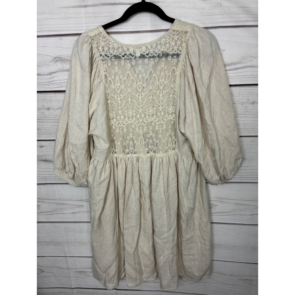 Umgee Oatmeal Linen Blend Lace Back Boho Babydoll Dress Beige Large - Picture 2 of 11